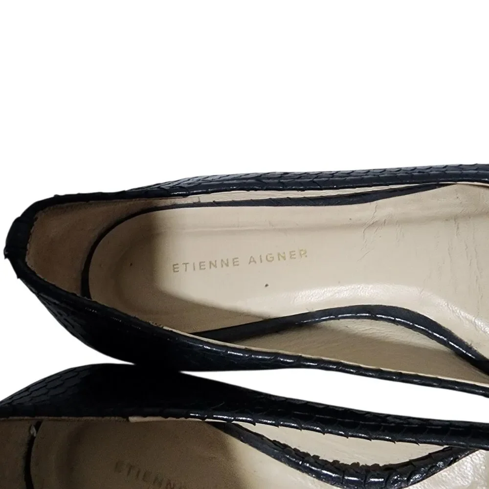 Etienne‎ Aigner Black Snakeskin Leather Ballet Flats Womens 6.5 Made in Spain